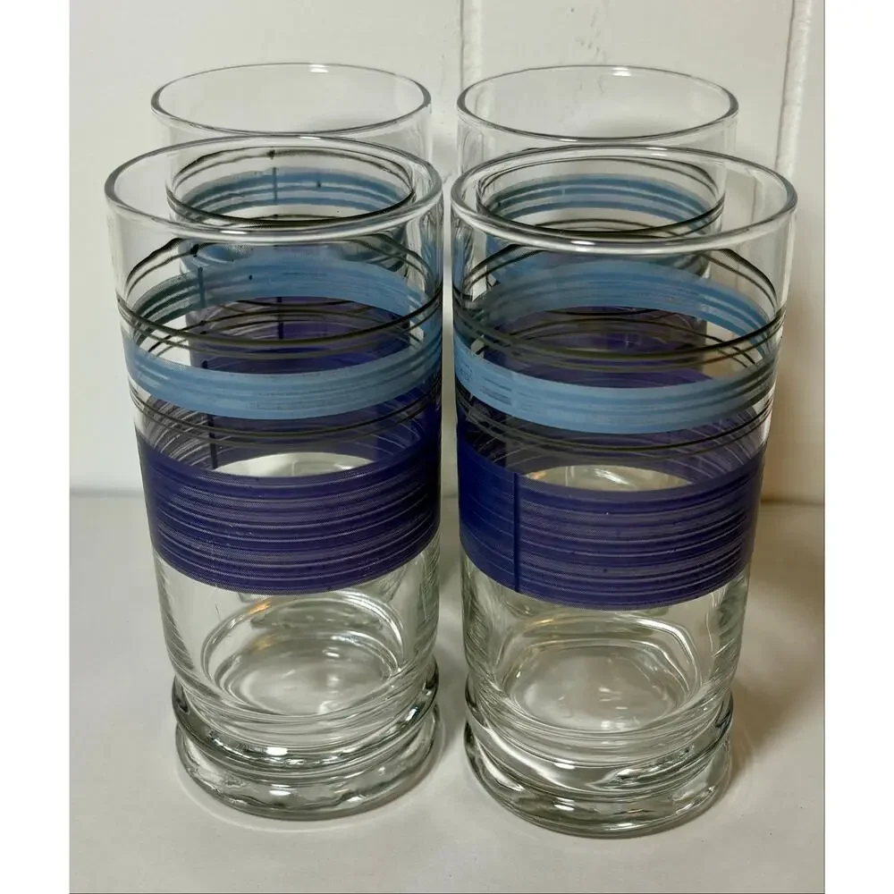 Vintage - Libbey Pfaltzgraff- Blue/Purple Banded Tumbler Glasses - Set of 4